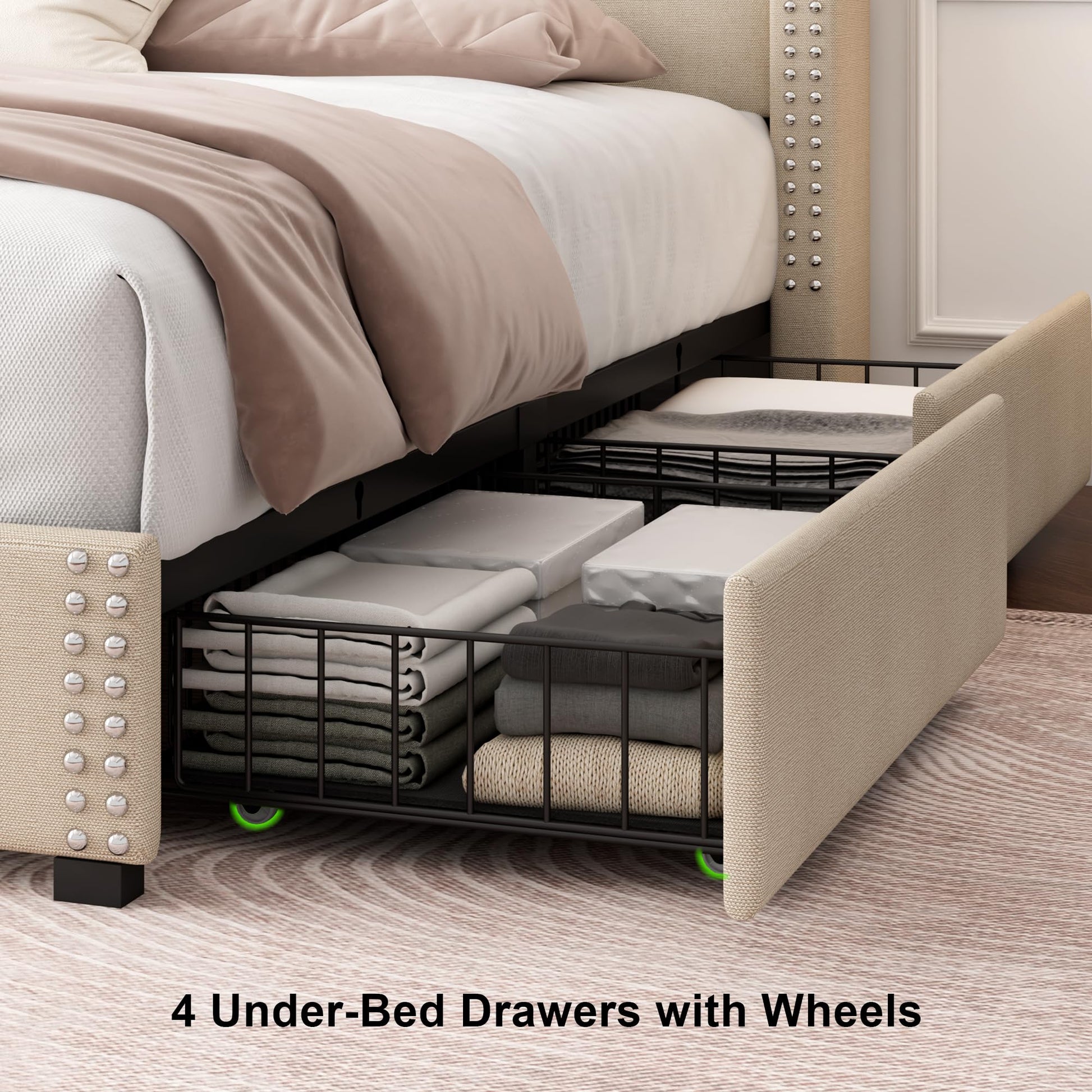 Feonase Beige King Size Platform Bed Frame with 4 Storage Drawers and Charging Station - WoodArtSupply