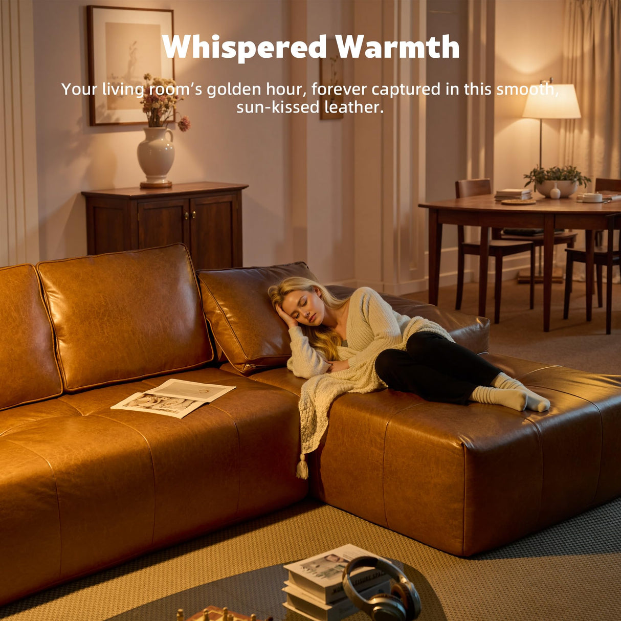 CAODOC 114" Leather Sectional Couch with Comfy Chaise, Boneless L Shape Sofa with Deep Seat, Minimalist Modular Couches Sleeper for Living Room Lounge,Brown CAODOC