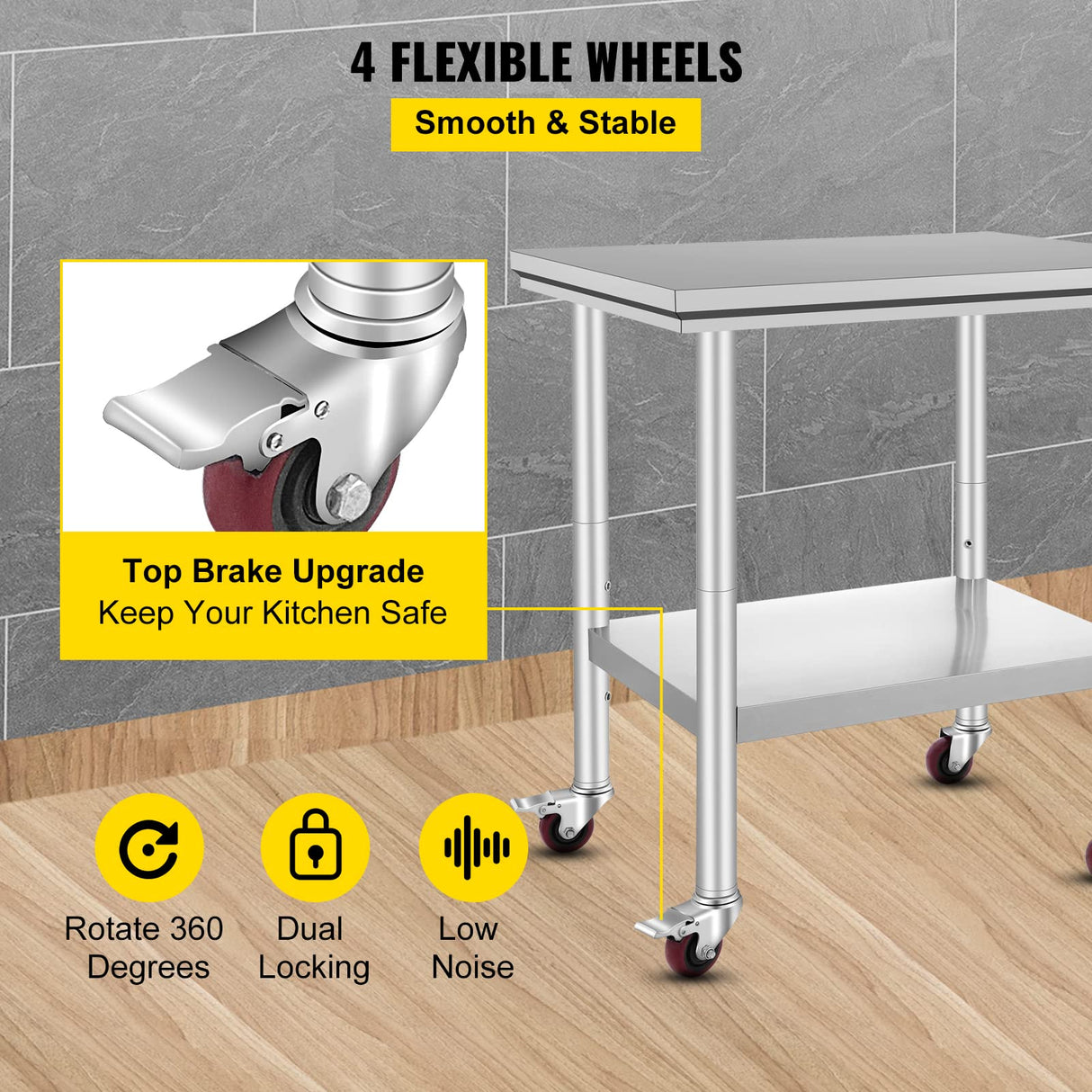 Mophorn Stainless Steel Work Table with Wheels 24 x 30 x 32 Inch Prep Table with 4 Casters Heavy Duty Work Table for Commercial Kitchen Restaurant Business, Silver and Black Mophorn