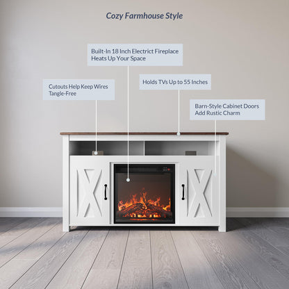 BELLEZE Modern 48" Barn Door Wood TV Stand with 18" Electric Fireplace Heater & Media Entertainment Center Console Table for TV up to 50" with Two Open Shelves and Cabinets - Corin (White)