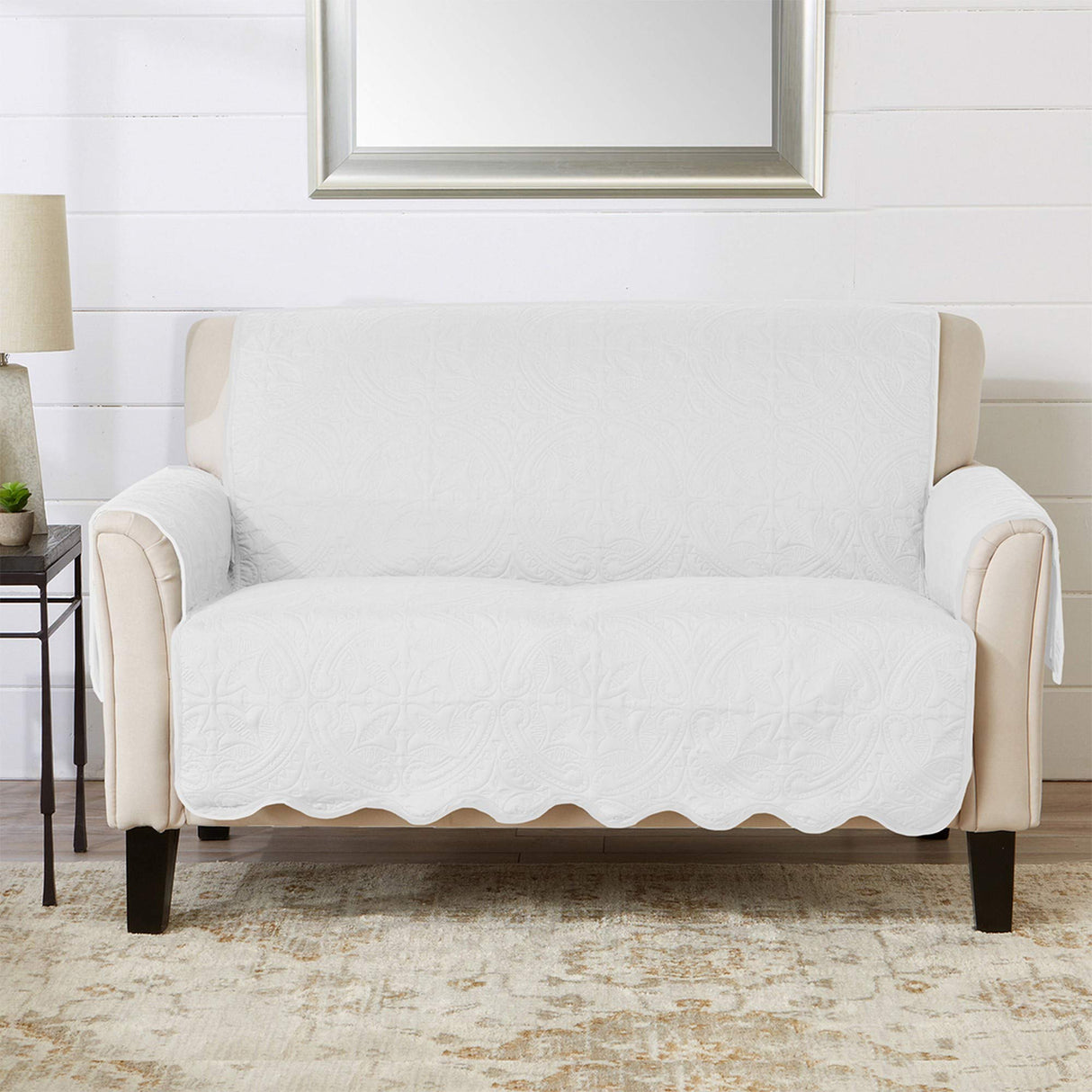 Great Bay Home Medallion Stitched Solid Furniture Protector Stain Resistant Durable Furniture Protector Elenor Collection (Loveseat, White/Sand) Great Bay Home