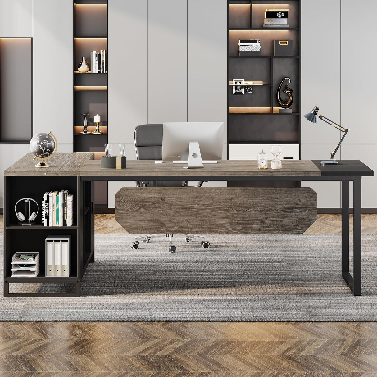 Tribesigns 70.8" Executive Desk with 55" File Cabinet, Industrial L Shaped Computer Desk with Storage Shelves and Cabinet, Large L Shaped Executive Desk for Home Office, Retro Gray & Black Tribesigns