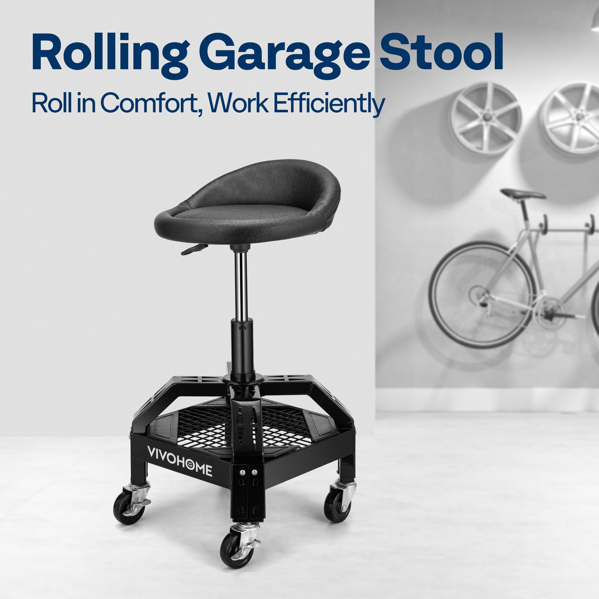 VIVOHOME Rolling Shop Stool Adjustable Height 360 Degree Swivel Stool with Tool Tray Storage and Wheels for Garage, Workshop, 300 LBS Capacity VIVOHOME
