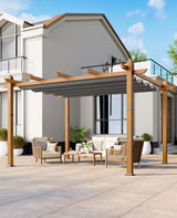 Agrestem 10x13 Ft Retractable Outdoor Pergola with Canopy, Upgraded Wood-Grain Aluminum Pergola, Modern Pavilion for Backyard, Patio, Porch, Grape Trellis, Gray Agrestem