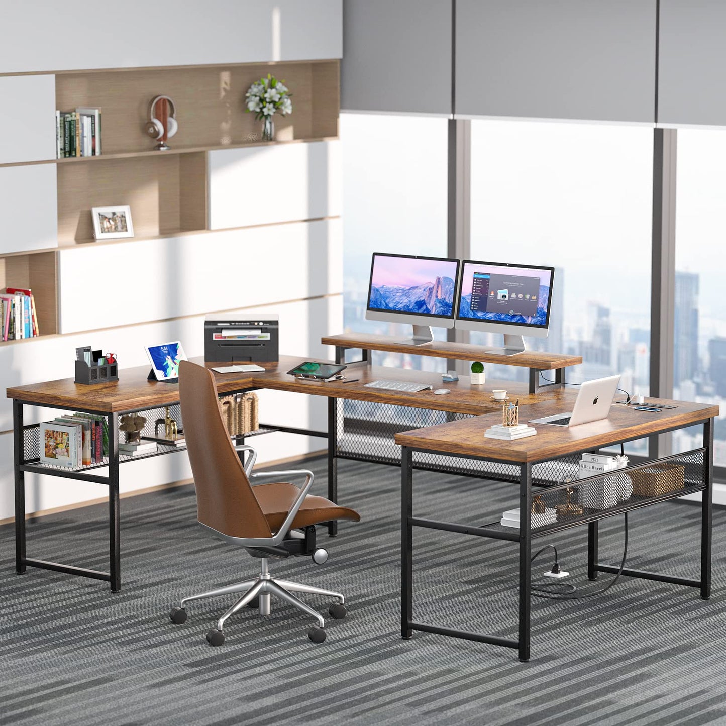 Revamp Your Workspace with the Unikito Reversible U Shaped Office Desk Featuring Power Outlets and LED Strip Lighting - WoodArtSupply