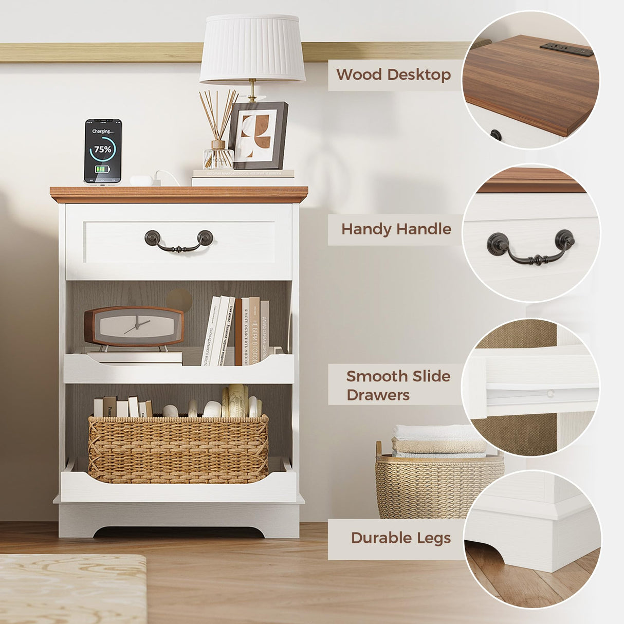 IRONCK Farmhouse Nightstand with Charging Station, Wooden Nightstands with Drawers, Bedside Table with Adjustable Storage Shelves for Bedroom, White IRONCK