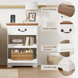 IRONCK Farmhouse Nightstand with Charging Station, Wooden Nightstands with Drawers, Bedside Table with Adjustable Storage Shelves for Bedroom, White IRONCK