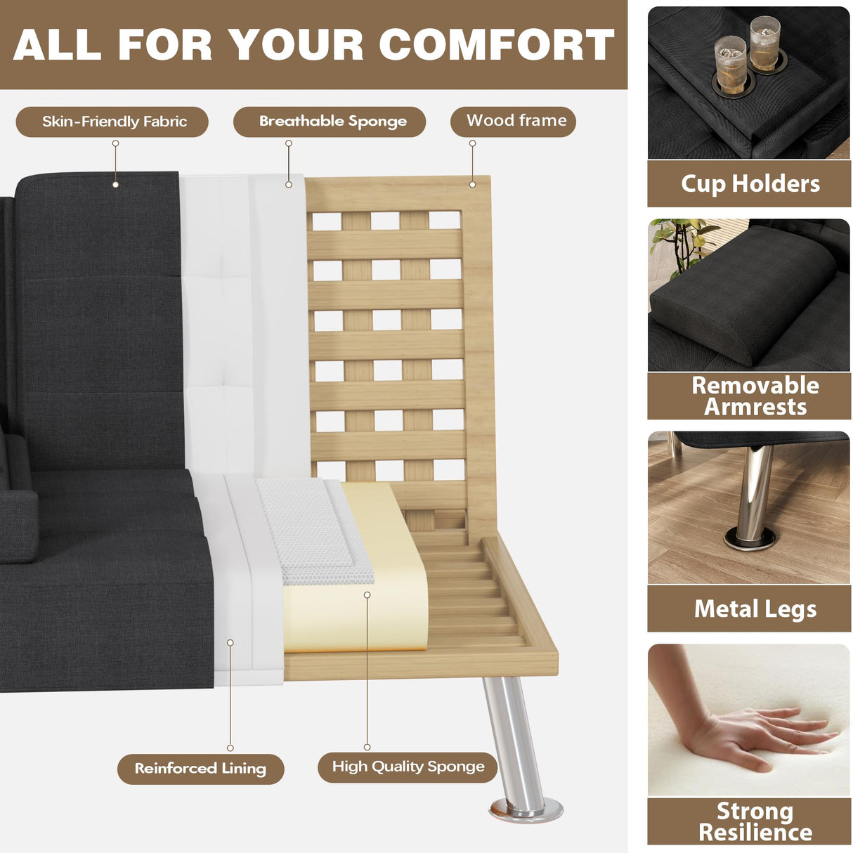 Homall Futon Sofa Bed, Futon Couch with Removable Armrests, Adjustable Recliner Sleeper Sofa Bed with Dual Cup Holders for Living Room, Apartment, Office (Fabric, Black) Homall