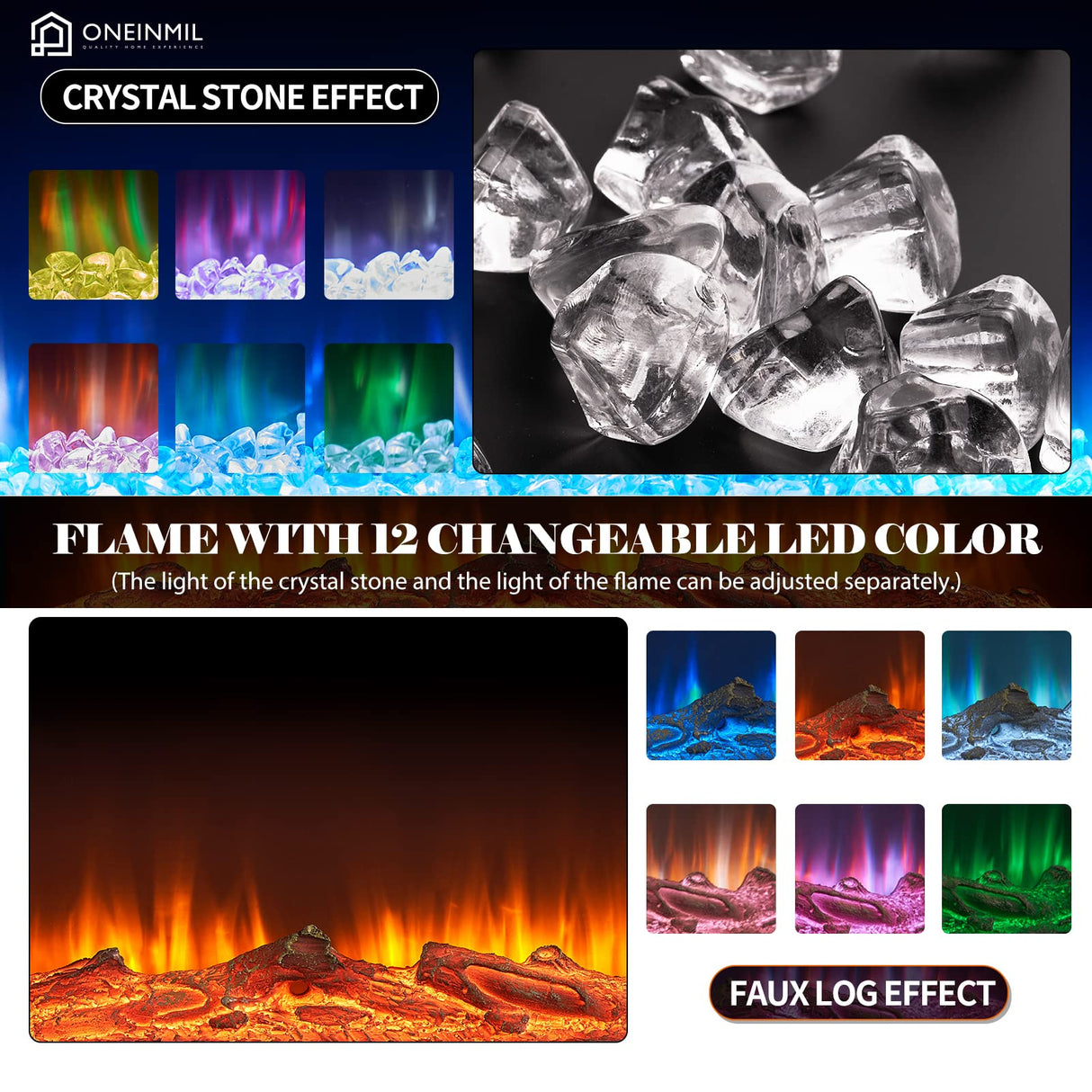 oneinmil Electric Fireplace, 60 inch Wide Recessed and Wall Mounted Electric Fireplace, 750W/1500W, 12 Color Flame, Remote Control, Log Set & Crystal oneinmil