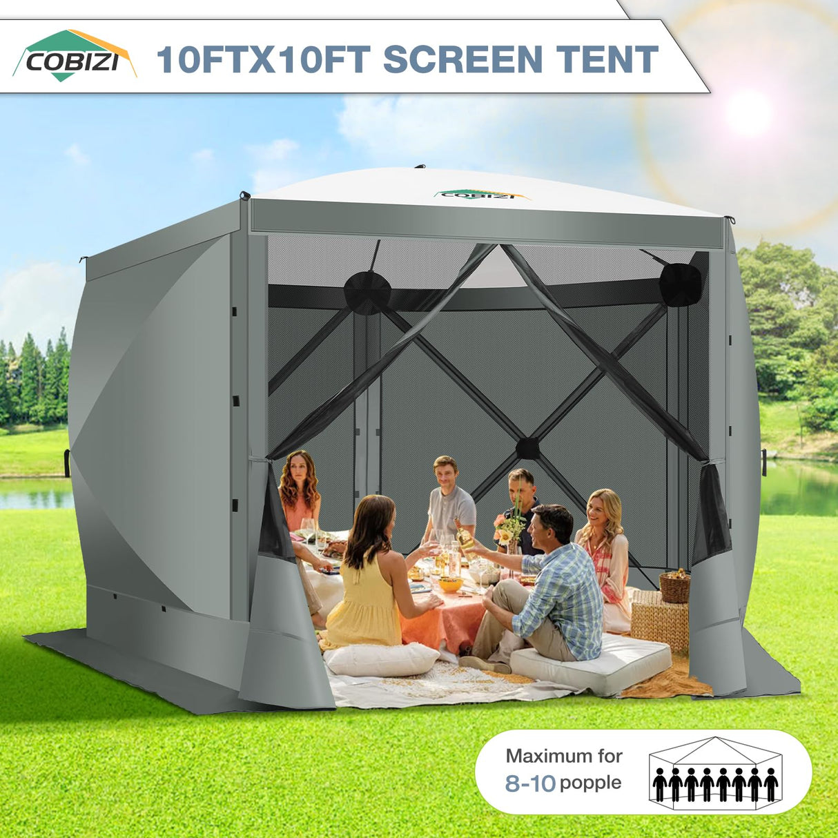 COBIZI Pop Up Gazebo Screen Tent Screen House for Camping, 10x10 Screen Room with Mosquito Netting, Hub Tent Instant Screened Canopy with Carrying Bag and Ground Stakes, Gray COBIZI