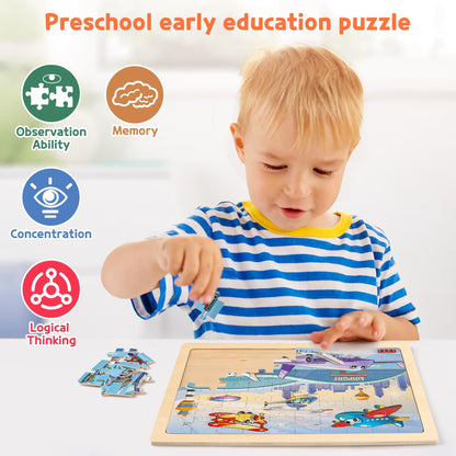 SYNARRY Wooden Vehicle Puzzles for Kids Ages 4-6, 6 Packs 60 PCs Jigsaw Puzzles Preschool Educational Toys Gifts for Children Ages 4-8, Kids Puzzles for 4+ Year Olds Boys Girls, Wood Puzzles Ages 3-10