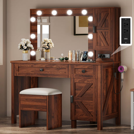 DWVO Farmhouse Makeup Vanity Desk with Mirror and Lights, 42'' Big Vanity Set with Stool, Glass Tabletop Vanity Table with 2 Drawers and Storage Shelves, Charging Station, 3 Lighting Colors, Brown DWVO