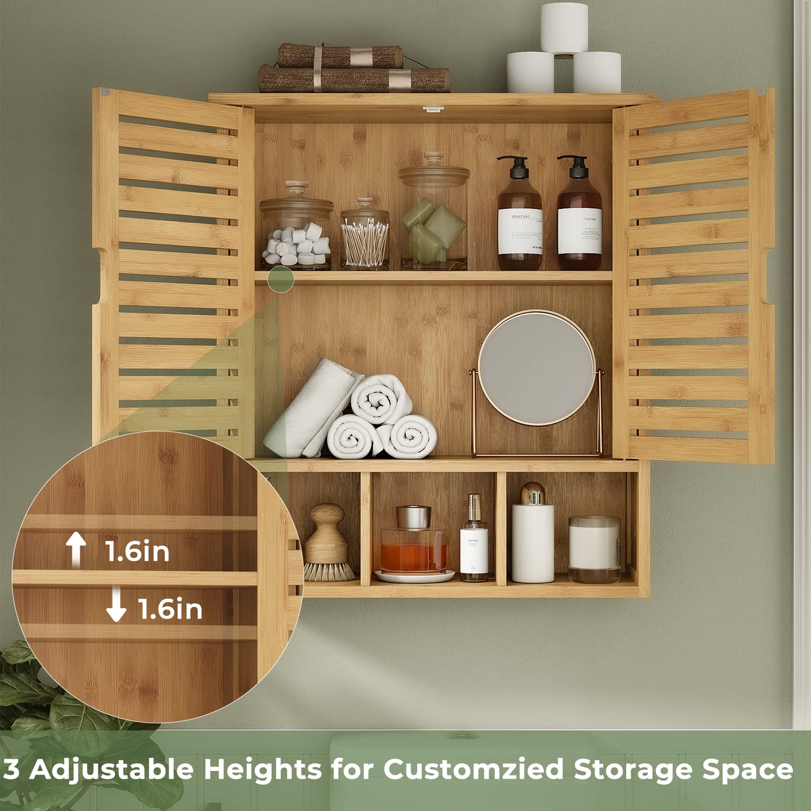 FORABAMB Bathroom Wall Storage Cabinet, Bamboo Medicine Cabinet with Doors and Adjustable Shelves, Bathroom Medicine Cabinet Wall Mount, Wall Mounted Over-The-Toilet Storage Cabinet - WoodArtSupply