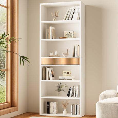 INNOD 72" Tall Bookshelf with Storage, 7-Tier Bookcase Fluted with Drawer, Display Book Shelf Book Organizer with Anti-tip Device, Home Decor Wood Furniture for Bedroom, Living Room and Office, White INNOD
