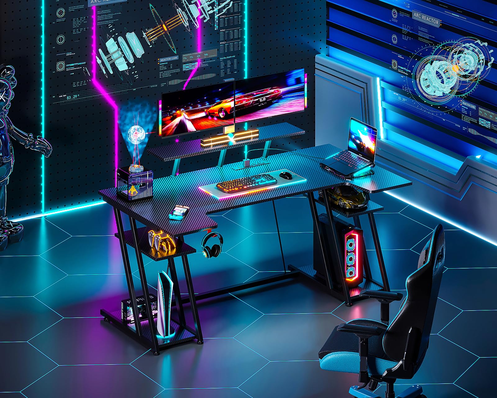 MOTPK Gaming Desk with LED Lights, 60 Inch U Shaped Desk with Power Outlet, Gaming Computer Desk with Storage Shelves, PC Gaming Table with Monitor Stand&Headphone Hook, Carbon Fiber Texture, - WoodArtSupply