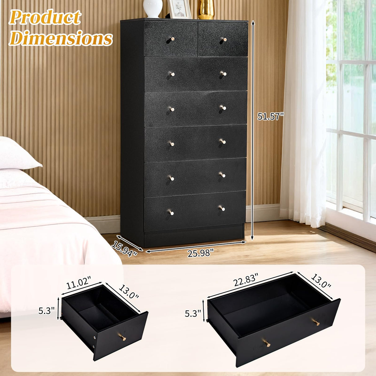 Karl home Black 7 Drawer Dresser for Bedroom, Tall Dresser Chest of Drawers, Rustic Wood Bedroom Dressers Clothes Organizer, Anti-Tipping Device, Rose Gold Metal Handle, Living Room, Entryway, Office Karl home