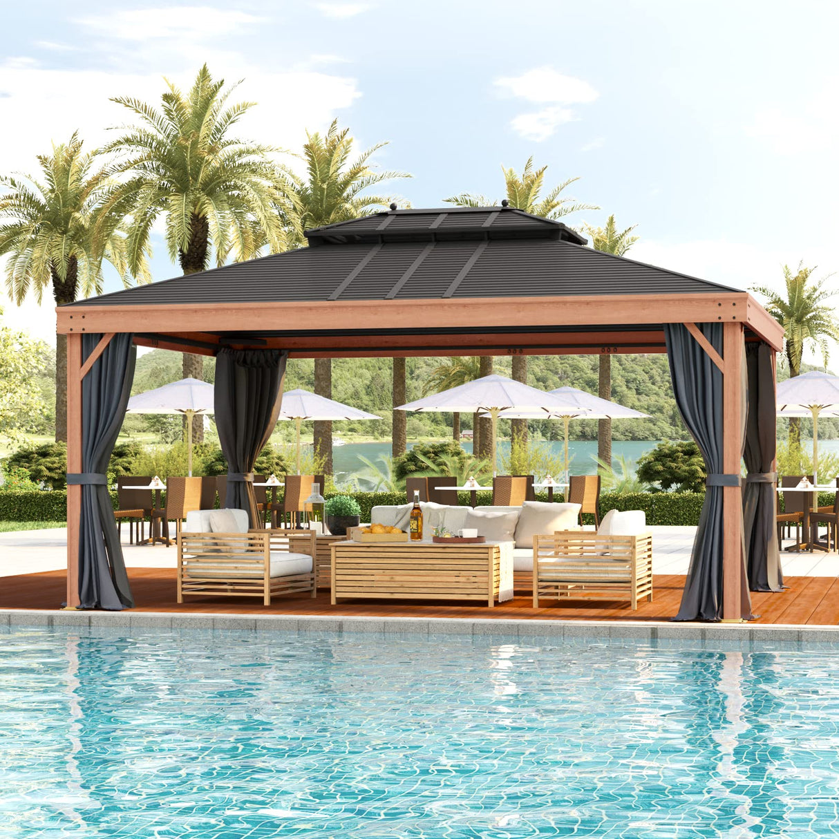 YOLENY 12' x 16' Hardtop Gazebo Faux Wood Grain Metal Gazebo with Aluminum Frame, Galvanized Steel Double Roof, Outdoor Patio Gazebo Pergolas with Netting and Curtains for Backyard, Patio, Lawns YOLENY