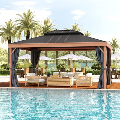YOLENY 12' x 16' Hardtop Gazebo Faux Wood Grain Metal Gazebo with Aluminum Frame, Galvanized Steel Double Roof, Outdoor Patio Gazebo Pergolas with Netting and Curtains for Backyard, Patio, Lawns YOLENY