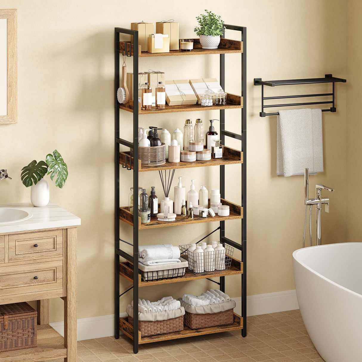 Rolanstar Bookshelf 6 Tier with 4 Hooks, Industrial Wood Bookcase, Vintage Storage Rack with Open Shelves, Rustic Standing Bookshelves Metal Frame Display Rack for Living Room, Bedroom, Rustic Brown Rolanstar