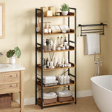 Rolanstar Bookshelf 6 Tier with 4 Hooks, Industrial Wood Bookcase, Vintage Storage Rack with Open Shelves, Rustic Standing Bookshelves Metal Frame Display Rack for Living Room, Bedroom, Rustic Brown Rolanstar