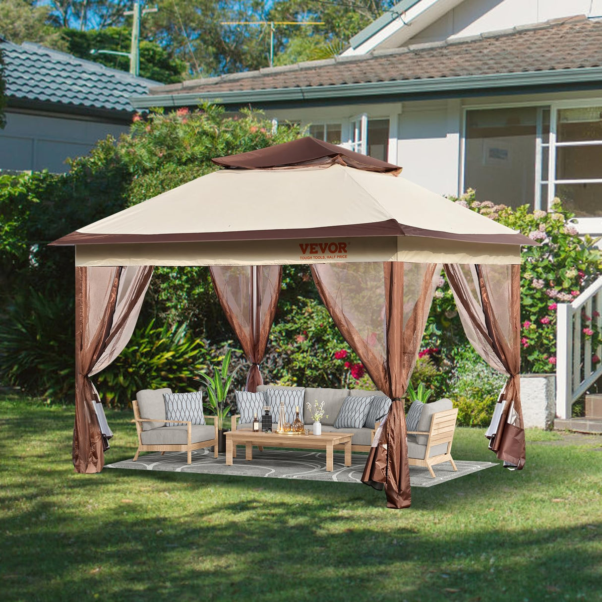 VEVOR Pop up Gazebo for 8-10 Person, with Mosquito Netting, Metal Frame, and PU Coated 250D Oxford Cloth, Outdoor Canopy Shelter for Patio, Backyard, Lawn, Garden, Deck, 11 x 11 FT, Brown VEVOR