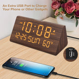 DreamSky Digital Alarm Clocks for Bedrooms - Wooden Desk Clock with Date, Day of Week, USB Port, Temperature, Dimmer for Bedside Table, Living Room, Office, Adjustable Volume, Auto DST, Wood Decor DreamSky