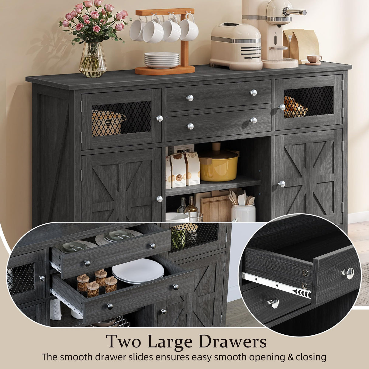 YITAHOME Farmhouse TV Stand for TVs up to 65", 59" Entertainment Center with 2 Large Drawers & Visual Grid Door, Rustic TV Media Console for Living Room, Dark Grey YITAHOME