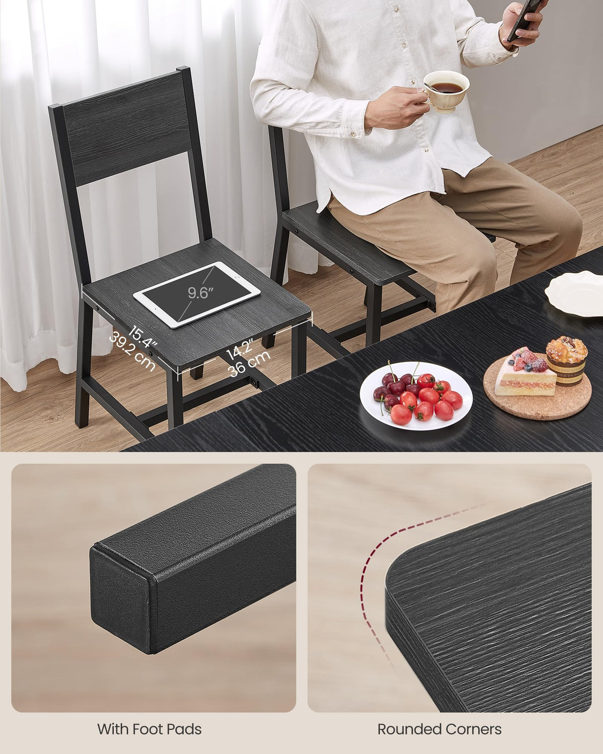 VASAGLE Dining Chair Set of 2, Rustic Wood Chairs with Metal Steel Frame, Easy to Assemble, Comfortable Seat, Modern Farmhouse Chair for Kitchen, Bedroom, Living Room, Charcoal Black and Ink Black VASAGLE