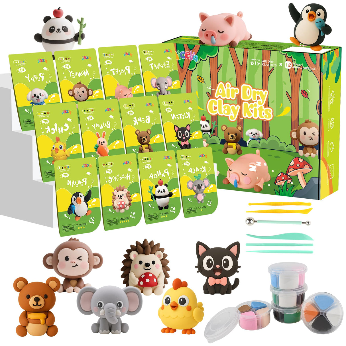 Air Dry Clay Kit, 12 Animals Modeling Clay for Kids, Model Magic Clay with Sculpting Tools and Tutorials, Safe & Non-Toxic, DIY Arts & Crafts School Projects, Home Party Favors for Boys & Girls Nicella
