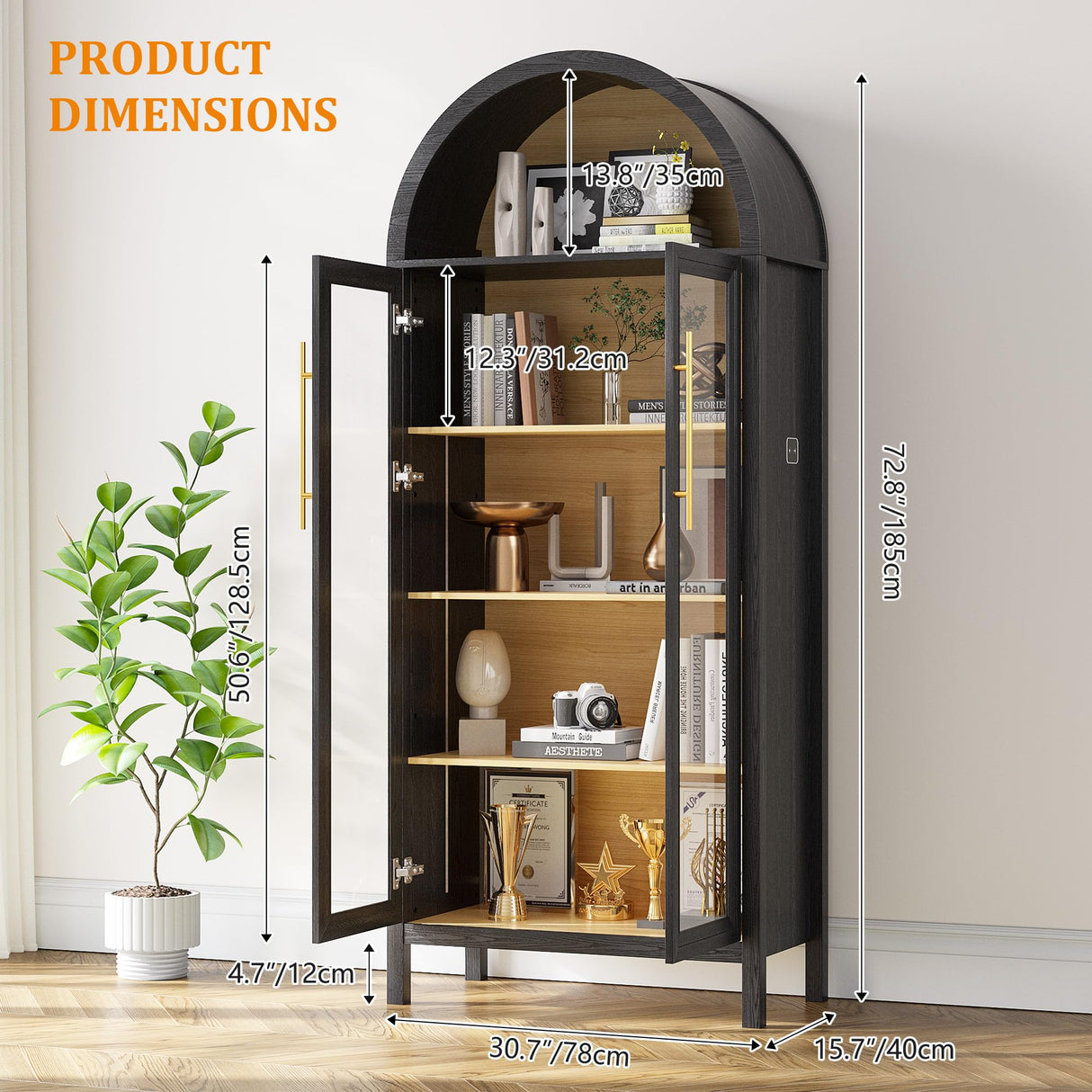 HWB Arched Curio Display Cabinet with Glass Doors, 5-Tier Glass Display Storage Pantry Cabinet with 3 Color LED Lights, Human Sensor, Black HWB