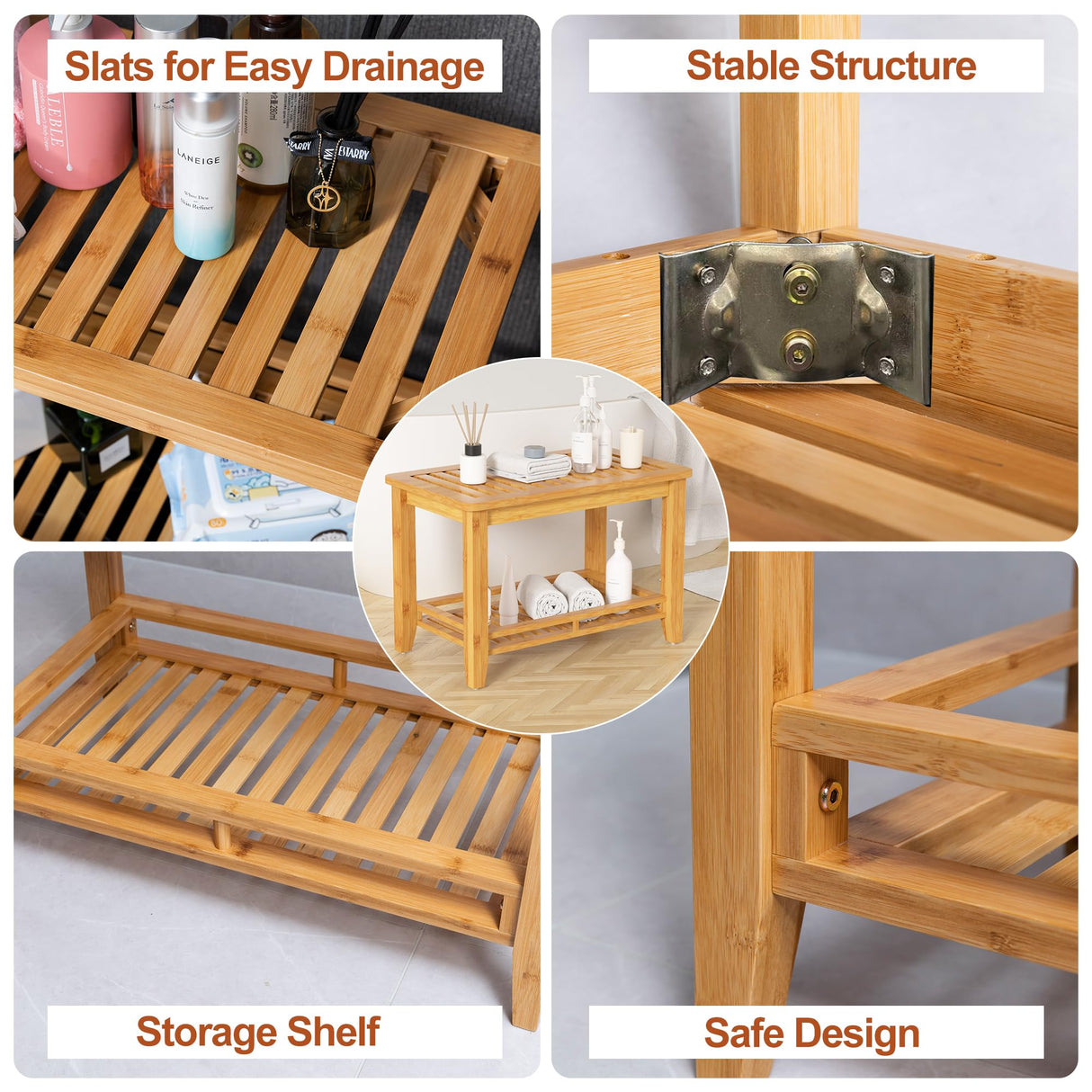 Forevich Bamboo Shower Bench Stool Bathroom Shower Chair Seat with Storage Shelf Spa Bath Foot Rest for Insider Shower Bathtub Elderly and Disabled Natural Forevich