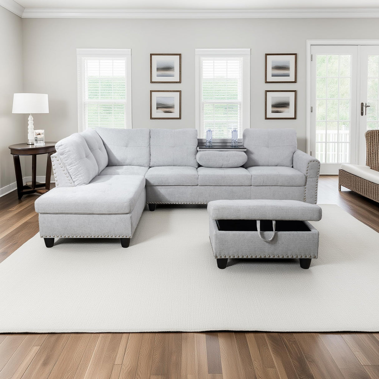 HFYee L Shaped Couch Sectional Couch Morden Sofas for Living Room Upholstered Futon Sofa Bed with Storage Ottoman and Cup Holders for Reception Room and Apartment, Grey White HFYee