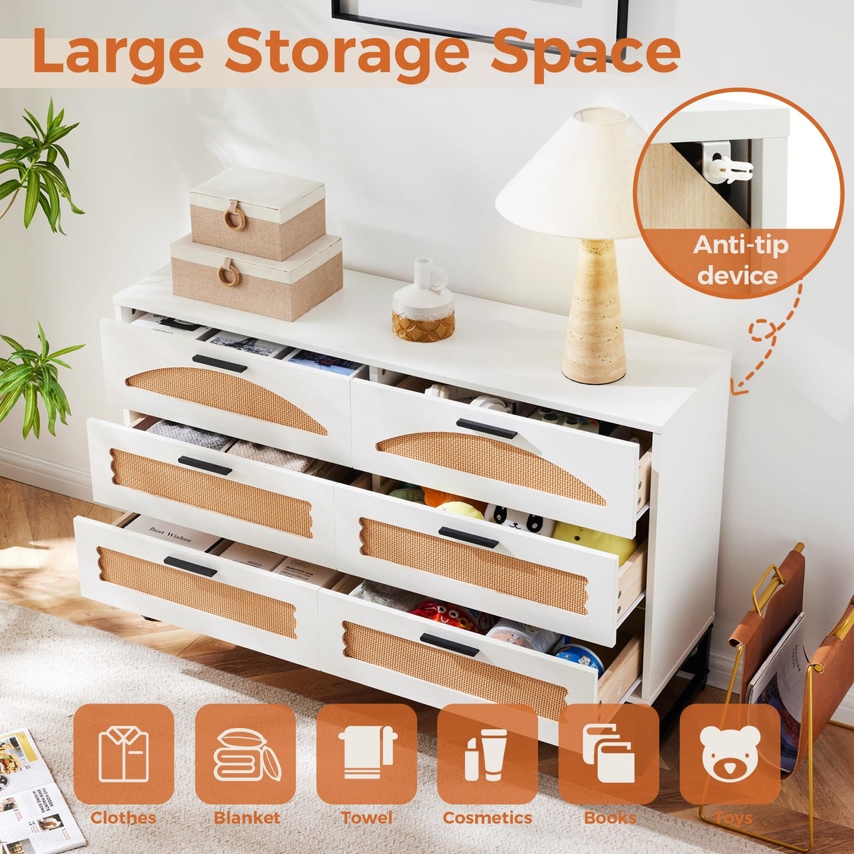 Mericonia 6 Drawer Double Dresser for Bedroom, Rattan Chest of Dressers, Modern Wooden Dresser Chest with Golden Handles for Bedroom,Living Room, Hallway and Entryway Mericonia