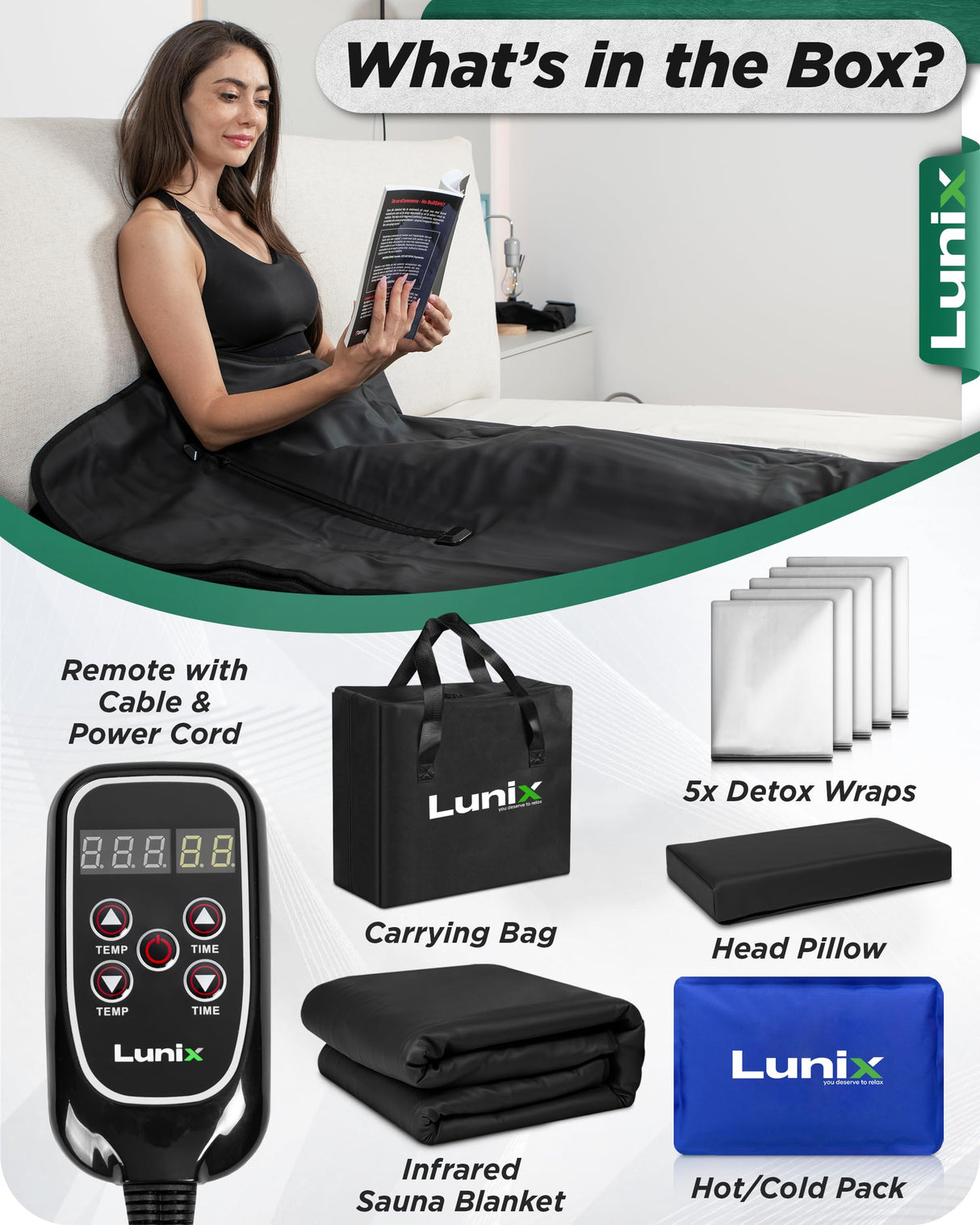 Lunix LX17 Portable Far Infrared Sauna Blanket for Home Relaxation - Temperature Range of 77-176°F - Infrared Sauna Anywhere, with Head Pillow, Detox Wrap, Hot Cold Gel Pack, Jet Black Lunix