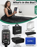 Lunix LX17 Portable Far Infrared Sauna Blanket for Home Relaxation - Temperature Range of 77-176°F - Infrared Sauna Anywhere, with Head Pillow, Detox Wrap, Hot Cold Gel Pack, Jet Black Lunix