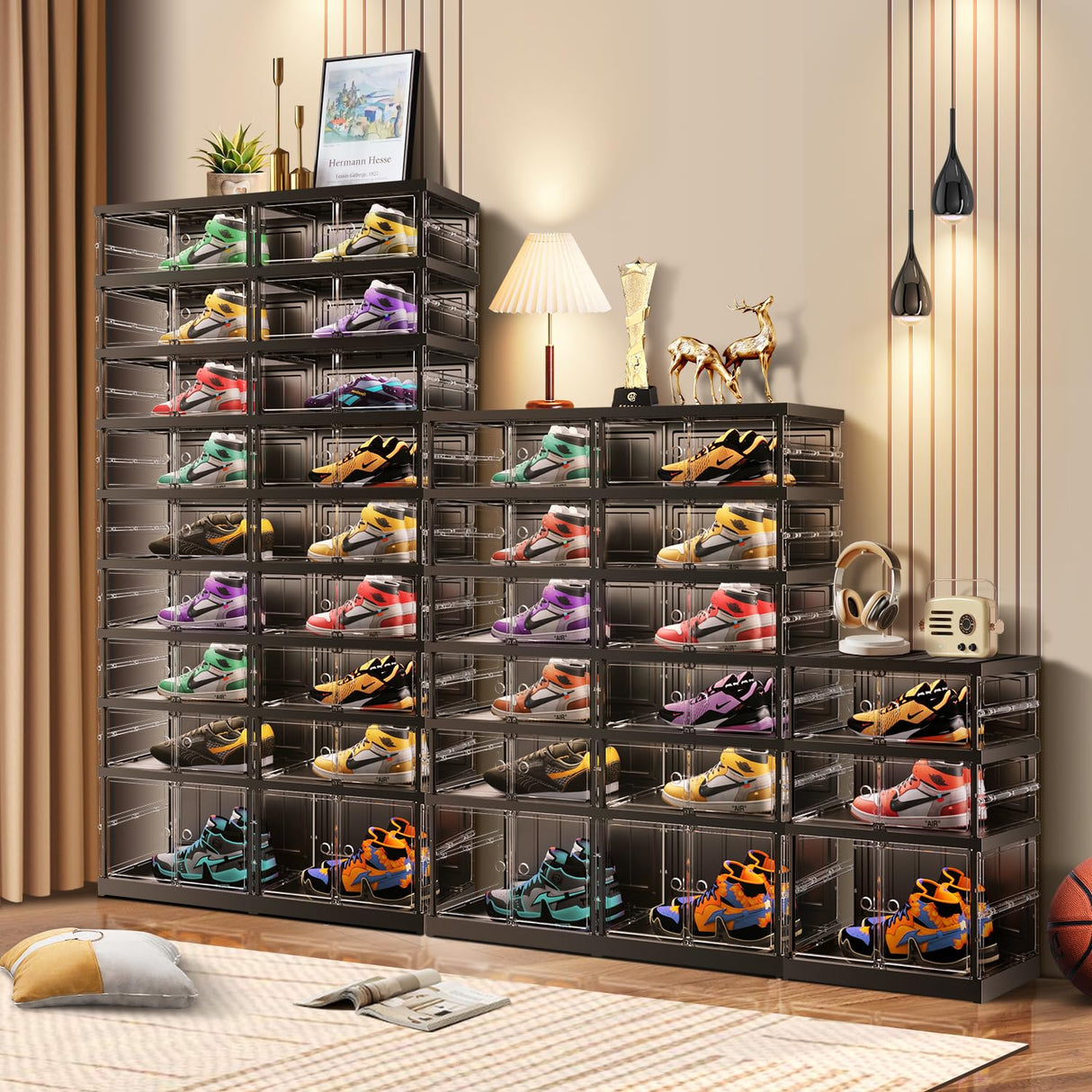 CIMLORD 9-Tier Foldable Shoe Rack for Closet Entryway 18-36Pairs,Stackable Clear Shoe Storage Boxes Organizer With Door Plastic Shoe Cabinet Bins with Lids Shoes Shelf Easy Assembly Large Black CIMLORD