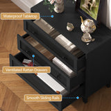 Boonatu Rattan & Wooden 3-Drawer Dresser for Bedroom, Short Chests of Drawers for Clothes Organizer, Durable Nightstand with Ample Storage, Farmhouse Boho Side Table for Hallway Boonatu