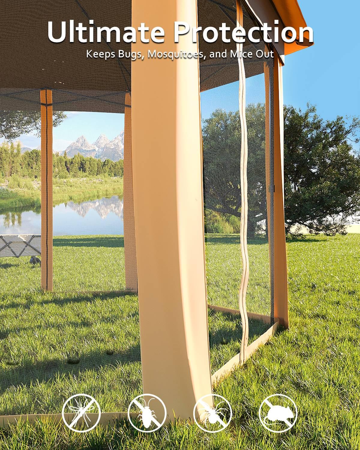 Pop Up Gazebo 13x13Ft, Outside Canopy Tent with 6 Pcs Mosquito Netting, One Push Setup for Backyard Patio Garden Activities - Khaki & Beige Garveelife