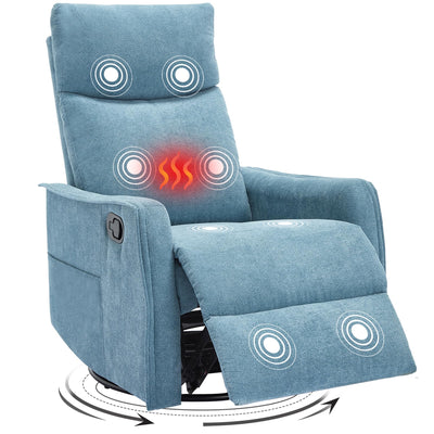 Trustyue Swivel Rocker Recliner Chair, 360° Swivel Recliner with Heat and Massage, Rocker Recliner Nursery Glider Chair with Side Pockets for Living Room (Light Blue, Fabric)