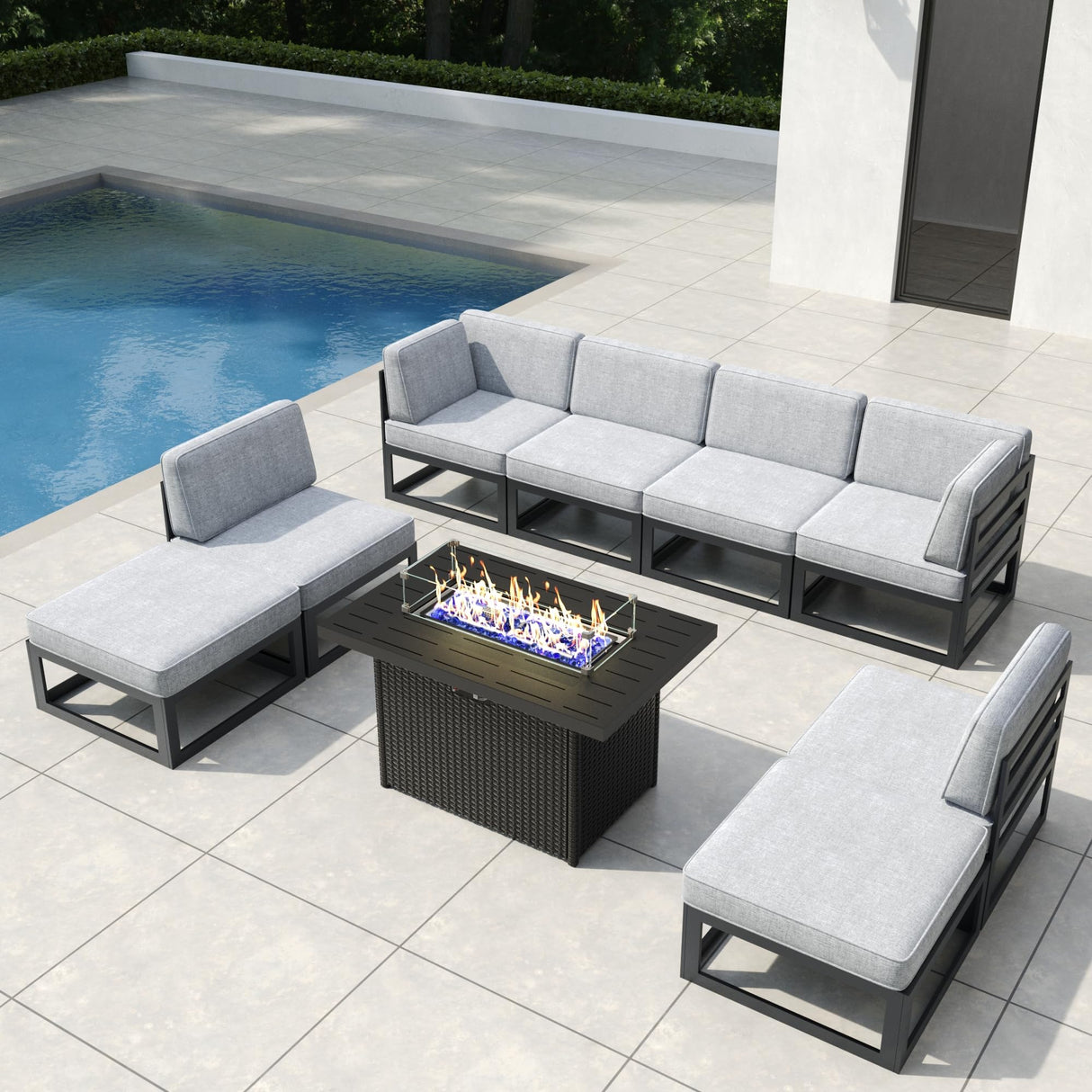 Vakollia 9 Pieces Aluminum Patio Furniture Set with Propane Gas 44" Fire Pit Table, Metal Outdoor Conversation Sofa Set with Seating Cushions Vakollia