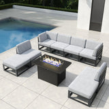Vakollia 9 Pieces Aluminum Patio Furniture Set with Propane Gas 44" Fire Pit Table, Metal Outdoor Conversation Sofa Set with Seating Cushions Vakollia