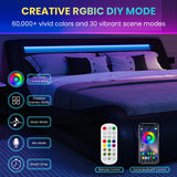 Deluxe Black Upholstered LED King Bed Frame with Adjustable Headboard and Sleigh Design SHA CERLIN