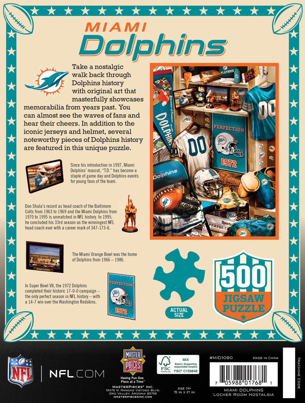 MasterPieces Game Day 500 Piece Jigsaw Puzzle for Adults - NFL Miami Dolphins Locker Room - 15"x21" Masterpieces