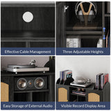 BELLEZE Mid-Century Record Player Stand, Vinyl Record Storage Cabinet Holds up to 350+ Albums, Rattern Decorated Turntable Stand with Power Outlet for Living Room, Office - Brown BELLEZE