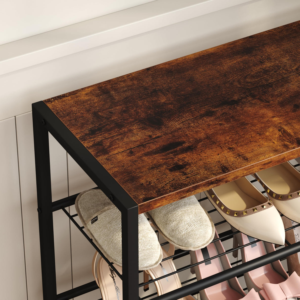 Yusong Shoe Rack, 4 Tier Shoe Organizer Storage for Closet Entryway, Narrow Slim Metal Shoe Shelves with Industrial Wooden Top, Rustic Brown and Black Yusong