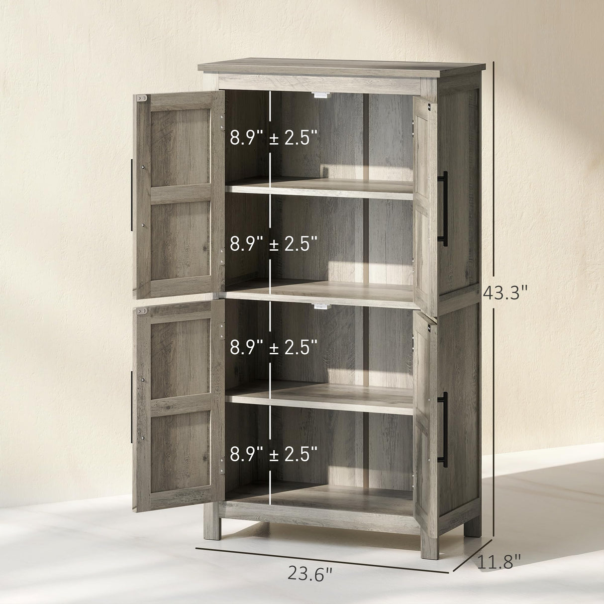 HOMCOM Farmhouse Bathroom Storage Cabinet with 4 Barn Doors, Bathroom Floor Cabinet with 2 Adjustable Shelf, Freestanding Storage Cupboard, Light Gray HOMCOM