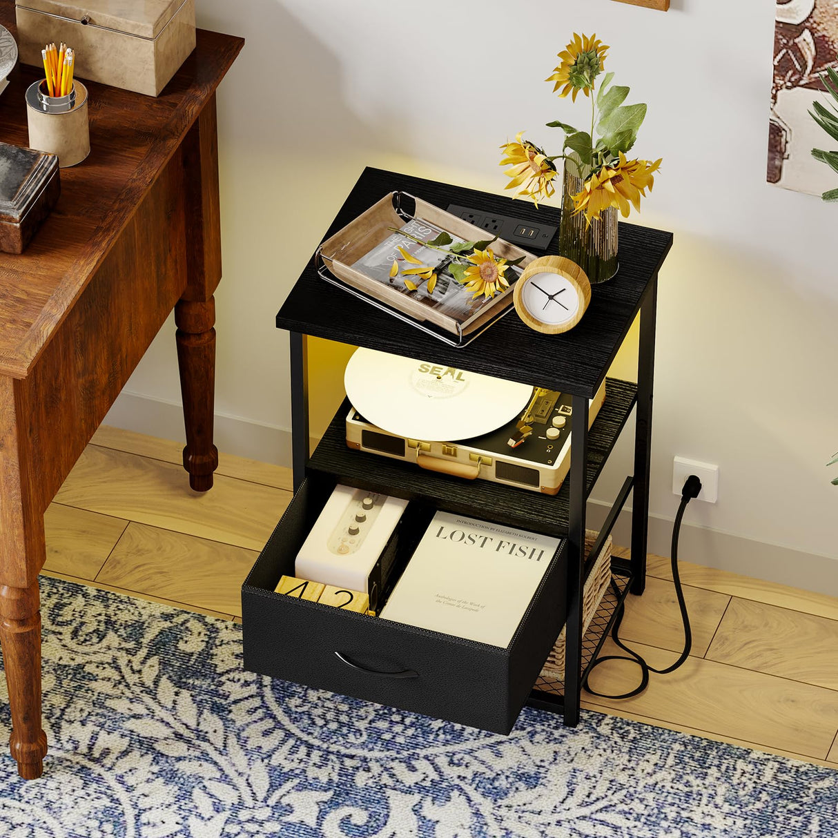 Fixwal Night Stand Set of 2 with Charging Station, LED Nightstand with Fabric Drawers, End Table with PU Finish, Bed Side Table, Black Fixwal