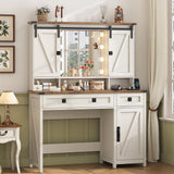 Farmhouse Vanity Desk with Mirror and Lights, 41" Sliding Door Makeup Vanity with Charging Station, Large Vanity Table with Drawers/Shelves/Cabinet Storage, Antique White MSmask