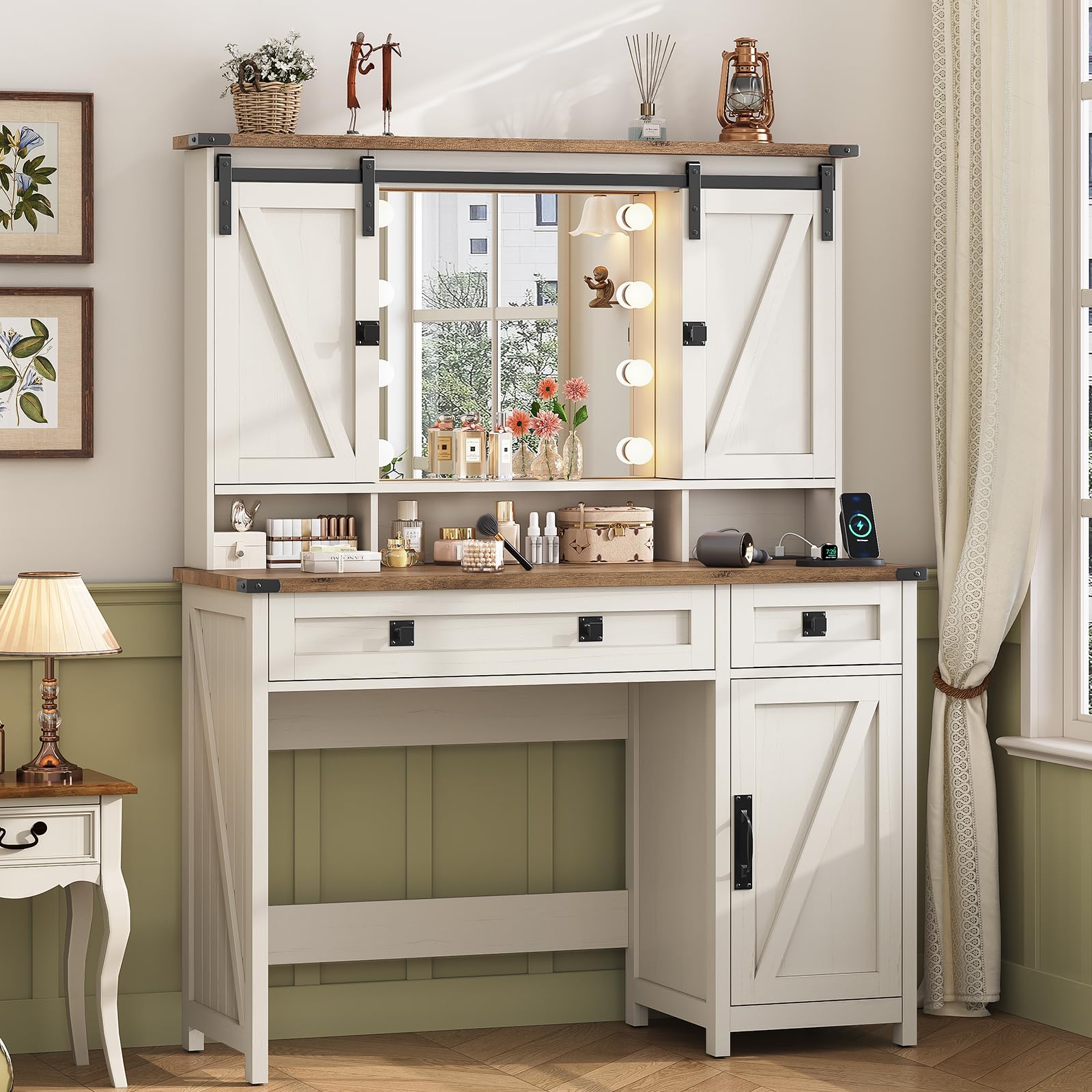 Farmhouse Vanity Desk with Mirror and Lights, 41" Sliding Door Makeup Vanity with Charging Station, Large Vanity Table with Drawers/Shelves/Cabinet Storage, Antique White - WoodArtSupply