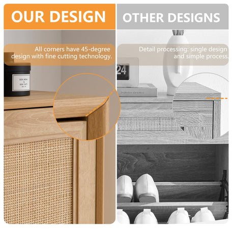 HOOLETE Narrow Shoe Cabinet with 3 Flip Drawers Hidden Freestanding Shoe Rack with Natural Rattan Doors Wooden Shoe Storage Cabinet with Solid Wood HOOLETE
